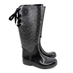 Coach Tristee Black Signature Monogram Lace Up Rain Boots Womens 7B A002